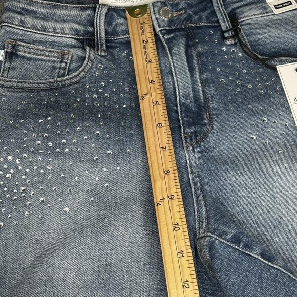 Judy Blue Jean Shorts Womens Medium Blue Denim High Waist Studded Fringed Hem - Picture 9 of 10
